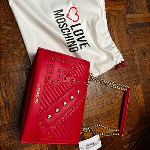 Love Moschino Red Quilted Heart Stud Shoulder Bag with Gold Chain
